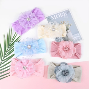 Lot de 6 bandeaux bébé avec fleurs en maille jacquard et centres en strass brillants