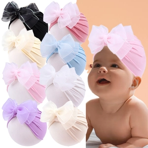 Sweet Baby Turban Hat With Large Lace Bow Decoration Soft Polyester Breathable Infant Beanie For Girls Photography Props