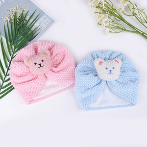 Detail of baby warm beanies with 3D plush bears in pink and light blue bubble fleece