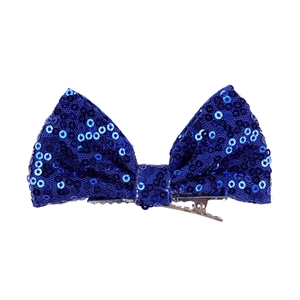 Detail view of 4-inch dark blue sequined hair bow with silver metal alligator clip for girls
