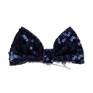 Close-up of a 4-inch dark blue sequin bow hair clip with silver metal alligator clip
