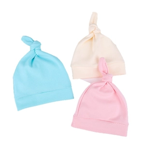 Three-piece newborn ribbed knit knotted hats in light blue, beige, and soft pink colors