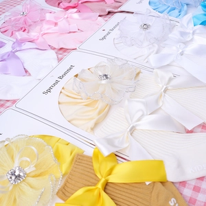 Lace flower and diamond bowknot newborn hat and socks set in various soft pastel colors