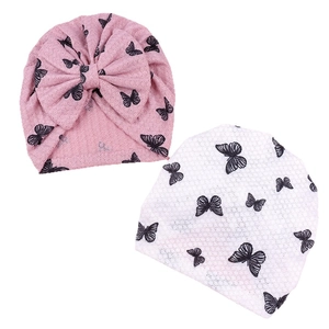 Baby bow turban and beanie set with butterfly print in pink and white waffle knit