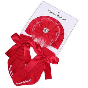 Newborn girls red lace flower headband and ribbed long socks gift set in bright red