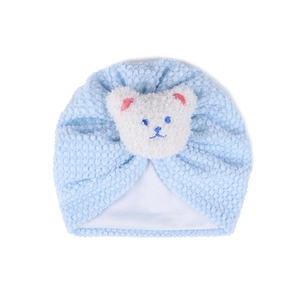 Newborn baby light blue popcorn knit bear hat with warm double layer fleece protection