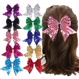 Sparkly Sequin Bow Hair Clips Large Swallowtail Hair Bows Disco Style Mosaic Grid Hairpins For Girls Performance Cheerleading Party Hair Accessories
