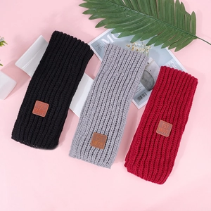 Detailed knit winter headbands in black, gray, and burgundy with stylish brown PU leather tags