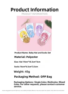 Detailansicht von Baby-Mütze und Socken Set mit Paillettenblumen und Maßangaben