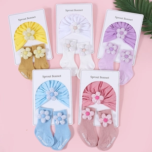Baby Mütze Socken Set Reine Baumwolle Turban Mütze 3D Pailletten Blumen Dekoration Anti-Rutsch Socken Für Neugeborene Kleinkinder