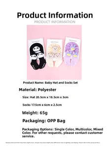 Detailed specs of cotton baby hat and sock sets with cute 3D cartoon animal designs