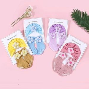 Baby Baumwolle Turban und Socken Set mit Paillettenblumen in Gelb Blau Lila und Rosa