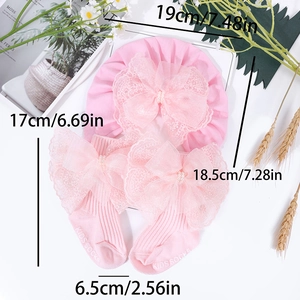 Rosa Baumwoll-Babyset mit Turban-Mütze und Socken mit großen Spitzen-Schleifen und Perlen
