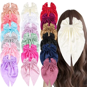 Femme Grande Pince à Cheveux en Satin Avec Strass Long Ruban Double Nœud de Cheveux Élégant Accessoires de Cheveux pour Fête Quotidienne