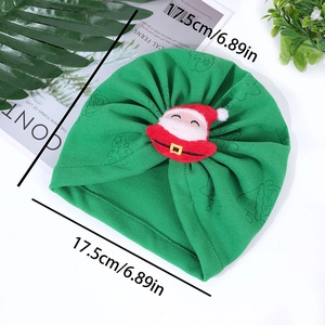 Christmas green knit baby beanie with Santa Claus ornament and tree patterns, 17.5cm width