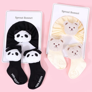 Cotton baby hat and socks set featuring cute panda and bear animal designs for infants