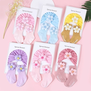 Combo Bonnet Turban en Coton pour Nouveau-Né et Chaussettes Avec Décoration Florale 3D pour Bébés Filles Accessoires de Vêtements