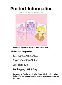 Detail view of cotton baby hat and socks set with decorative knit bows in three colors