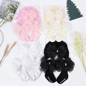 Baby Mädchen Turban Mütze Und Socken Große Spitze Schleife Kunstperle Weiche Baumwolle Gestrickte Kopfbedeckung Neugeborene Fotografie