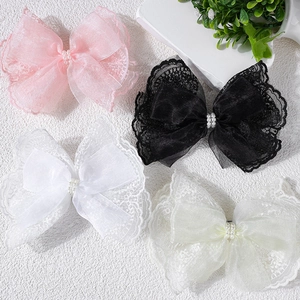 Elegant Lace Mesh Bow Hair Clips With Faux Artificial Pearls Sweet Princess Hairpins For Girls Daily Party Hair Accessories