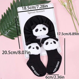 Infant cotton panda hat and socks set in black with cute 3D panda design and size specs