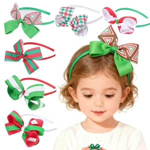 Cerchietto Natalizio con Fiocco Grande in Nastro Grosgrain Rosso Verde a Righe Quadri per Donna Ragazza Festa Decorazione