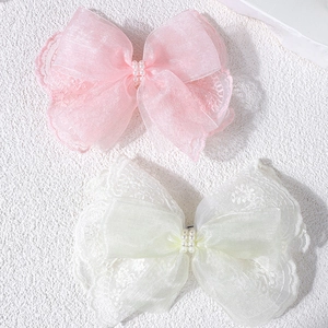 Pink and cream lace bow hair clips with pearls for girls, handmade hair accessories