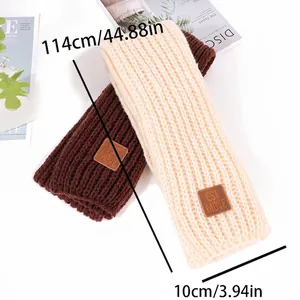 Kids warm knitted winter scarf in brown and beige with leather patch, 114x10cm size
