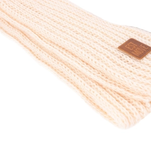 Chunky beige ribbed knit scarf for kids with a premium brown leather logo patch