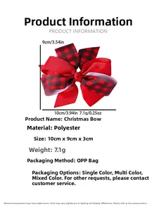 Detail view of a red plaid Christmas bow hair clip with 10x9cm size specifications