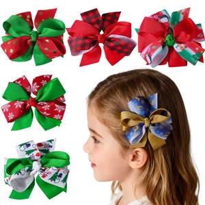 Children Christmas Bow Hair Clips Set Grosgrain Ribbon Reindeer Snowflake Pattern Festive Hairpins Girls Party Accessories