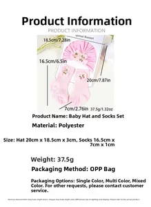 Pink cotton baby hat and socks set with 3D flower detail and size dimensions