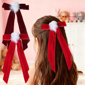 Vintage Velvet Bow Hair Clip With White Pom Pom Long Ribbon Red Burgundy Hair Pin For Christmas New Year Women Hair Accessory