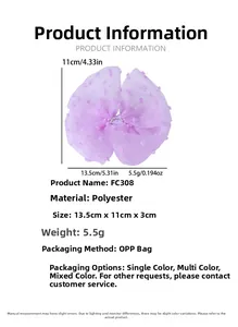 Detailed specs for purple polka dot bow hair clip with rhinestone center in polyester