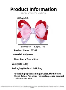 Detailed size specifications for triple-layered polyester ribbon bow hair clip, 9x7x3cm