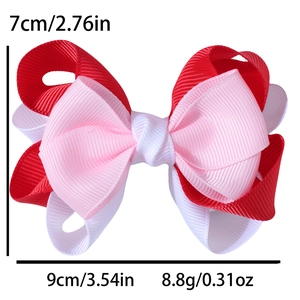 Detailed size chart showing a 9cm triple-layered grosgrain bow clip in red and pink