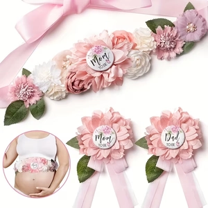 Maternity Sash And Corsage Set Floral Ribbon Sash With Mom Dad To Be Badges For Baby Shower Gender Reveal Party Decorations