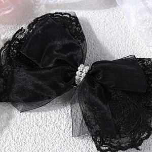 Elegant black lace and organza bow hair clip for girls with white faux pearl accents