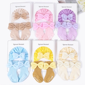 Newborn Baby Bonnet And Socks Cotton Ribbed Knit Hat Large Bow Soft Infant Beanie Socks For Baby Girls Birthday Gift