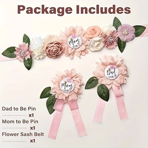 Pink floral Baby Shower sash and pin set with Mom to Be and Dad to Be text