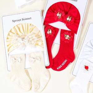 Cotton baby bonnet and socks set with lace bow floral details in various colors
