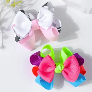 Double-layered colorful grosgrain ribbon bow hair clips with gradient and cow print patterns
