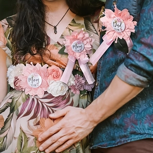 Pink floral maternity sash and corsage pin set for baby shower and pregnancy photos