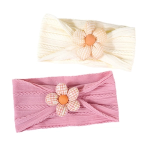 Bandeaux bébé en tricot torsadé élastique avec fleurs en tissu à carreaux beige et rose
