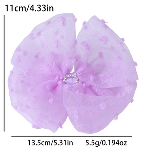Detail showing dimensions of purple tulle bow hair clip with polka dots and rhinestones