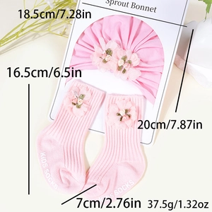 Pink cotton baby sprout bonnet and socks set with 3D floral accents for infants