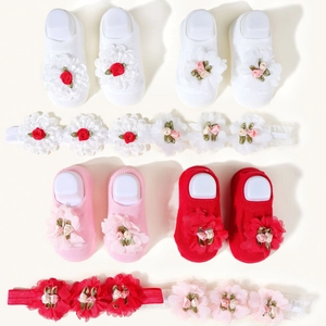 Newborn Baby Floral Headband And Socks Newborn Infant Stretch Lace Flower Hair Band Non-Slip Soft Knit Polyester Accessories
