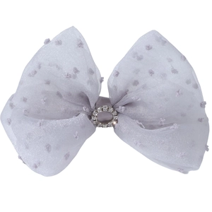 Polka dot mesh bow hair clip with sparkling rhinestone center ring for girls
