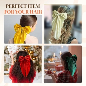 Velvet oversized bow hair clips with long ribbons in yellow, beige, red and green colors