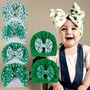 Bonnet Turbant Bébé Saint Patrick Grand Nœud Trèfle Imprimé Bonnet Nourrisson Doux Texture Gaufre Enveloppe Tête Nouveau-né Accessoire Irlandais